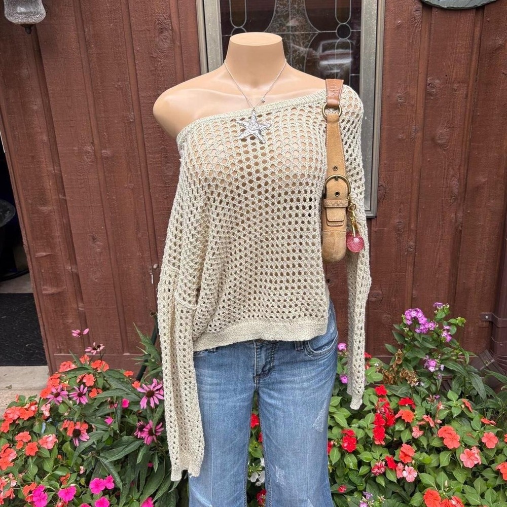 y2k 2000s vintage Havana cream crochet off shoulder sweater
